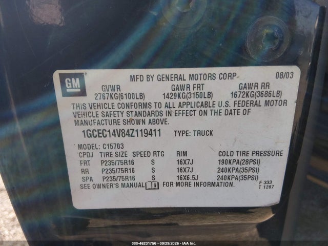 Aukcja sprzedaży 2004 Chevrolet Silverado 1500 Ls, vin: 1GCEC14V84Z119411, numer aukcji: 46231756