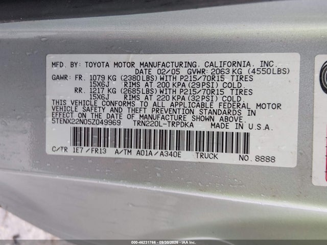 Aukcja sprzedaży 2005 Toyota Tacoma, vin: 5TENX22N05Z049969, numer aukcji: 46231766