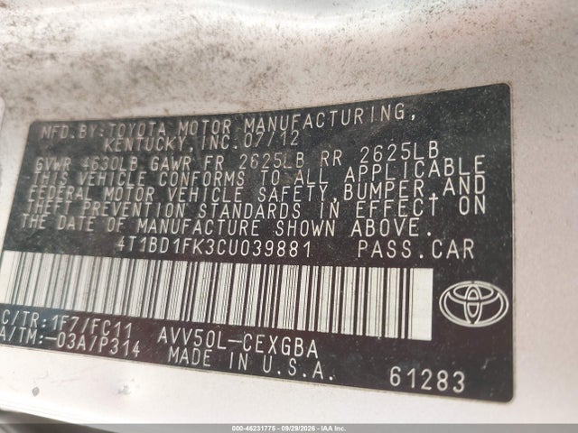 2012 Toyota Camry Hybrid Xle მანქანა იყიდება აუქციონზე, vin: 4T1BD1FK3CU039881, აუქციონის ნომერი: 46231775