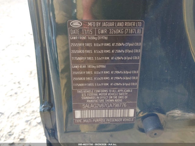 46231780 :رقم المزاد ، SALAG2V67GA798776 vin ، 2016 Land Rover Lr4 مزاد بيع