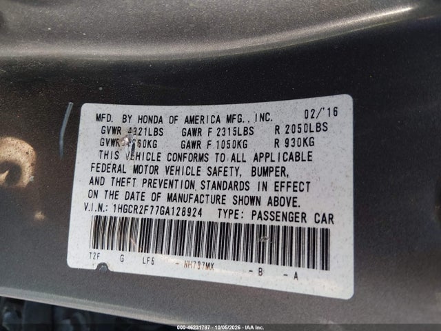 46231787 :رقم المزاد ، 1HGCR2F77GA128924 vin ، 2016 Honda Accord Ex مزاد بيع