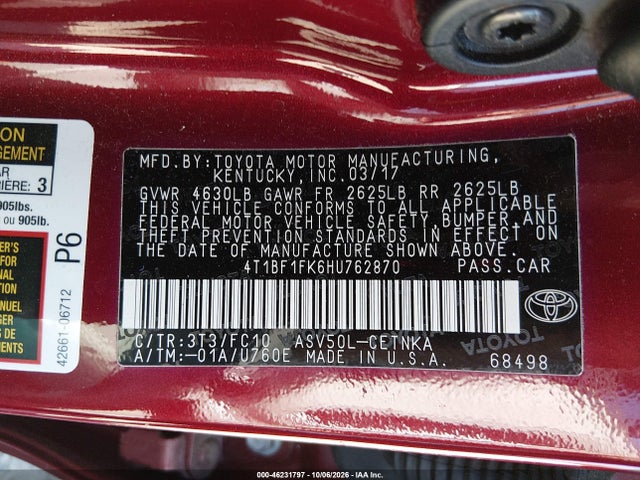 2017 Toyota Camry Le მანქანა იყიდება აუქციონზე, vin: 4T1BF1FK6HU762870, აუქციონის ნომერი: 46231797