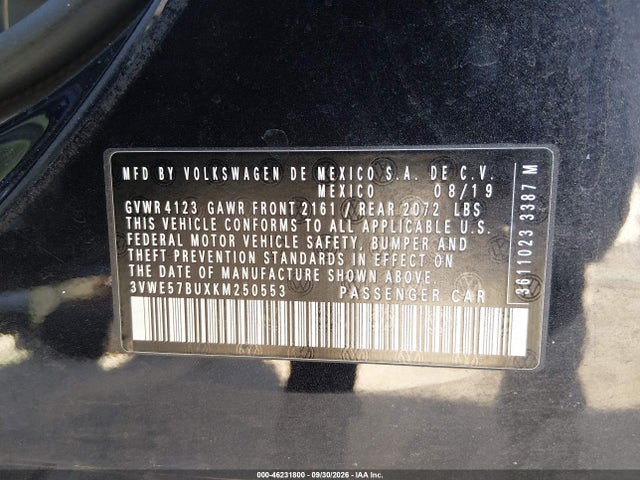 46231800 :رقم المزاد ، 3VWE57BUXKM250553 vin ، 2019 Volkswagen Jetta 1.4t Sel مزاد بيع