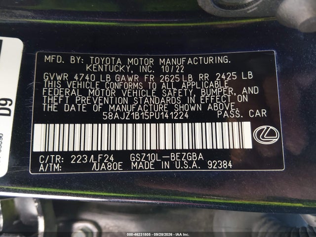 Продажа на аукционе авто 2023 Lexus Es 350 F Sport Handling, vin: 58AJZ1B15PU141224, номер лота: 46231805