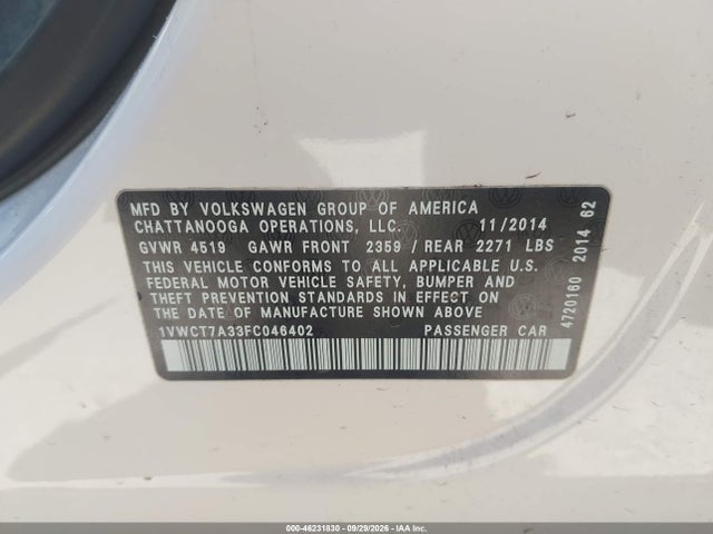 Auction sale of the 2015 Volkswagen Passat 1.8t Sel Premium, vin: 1VWCT7A33FC046402, lot number: 46231830