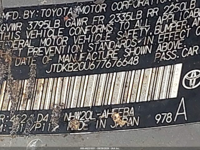 Продажа на аукционе авто 2007 Toyota Prius, vin: JTDKB20U677676648, номер лота: 46231831