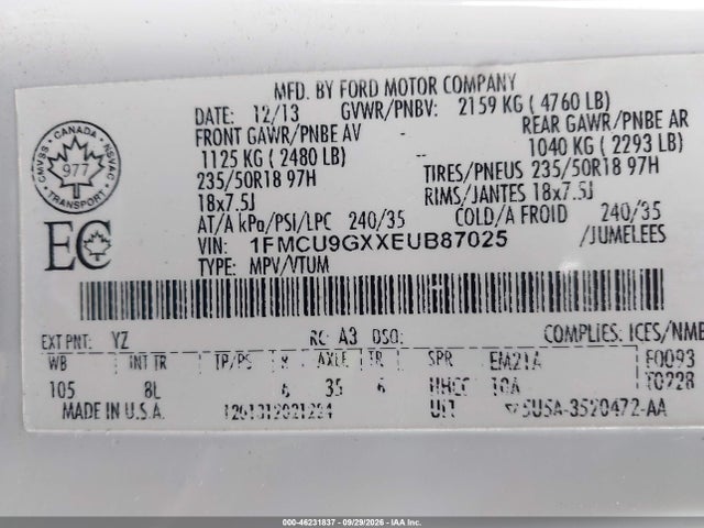 Продажа на аукционе авто 2014 Ford Escape Se, vin: 1FMCU9GXXEUB87025, номер лота: 46231837