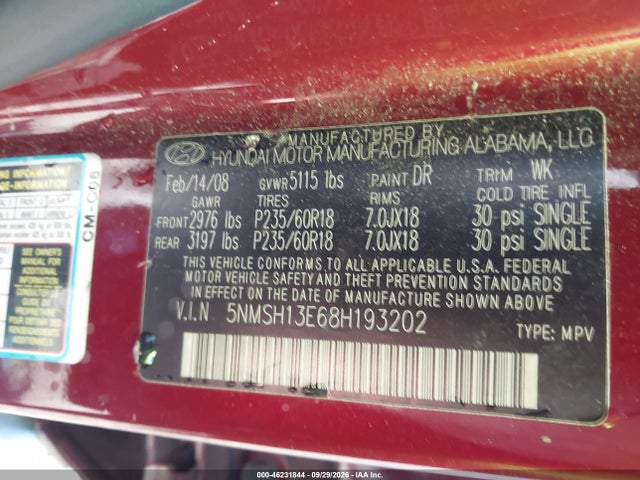 Aukcja sprzedaży 2008 Hyundai Santa Fe Limited/se, vin: 5NMSH13E68H193202, numer aukcji: 46231844