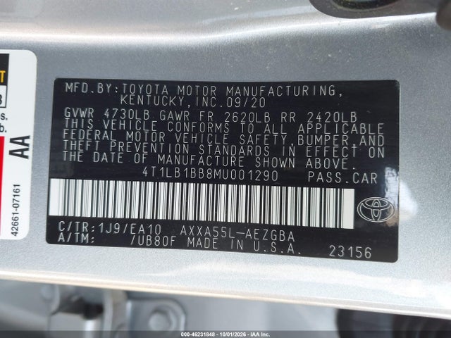 46231848 :رقم المزاد ، 4T1LB1BB8MU001290 vin ، 2021 Toyota Avalon Xle Awd مزاد بيع