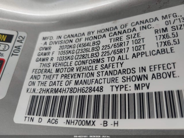 46231851 :رقم المزاد ، 2HKRM4H78DH628448 vin ، 2013 Honda Cr-v Ex-l مزاد بيع