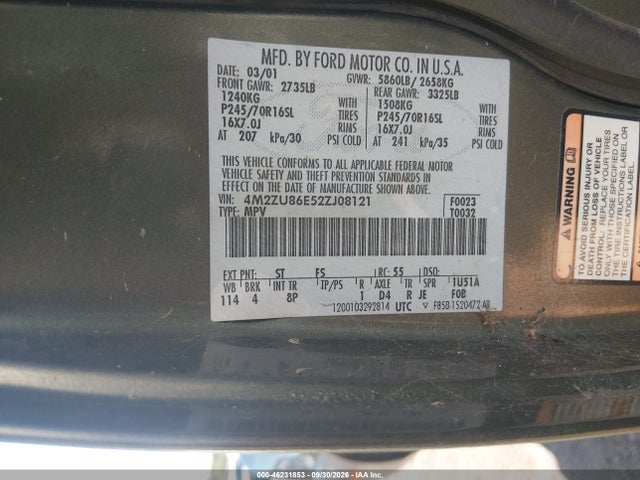 2002 Mercury Mountaineer მანქანა იყიდება აუქციონზე, vin: 4M2ZU86E52ZJ08121, აუქციონის ნომერი: 46231853