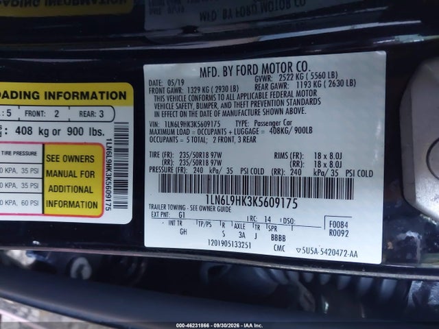 46231866 :رقم المزاد ، 1LN6L9HK3K5609175 vin ، 2019 Lincoln Continental Livery مزاد بيع