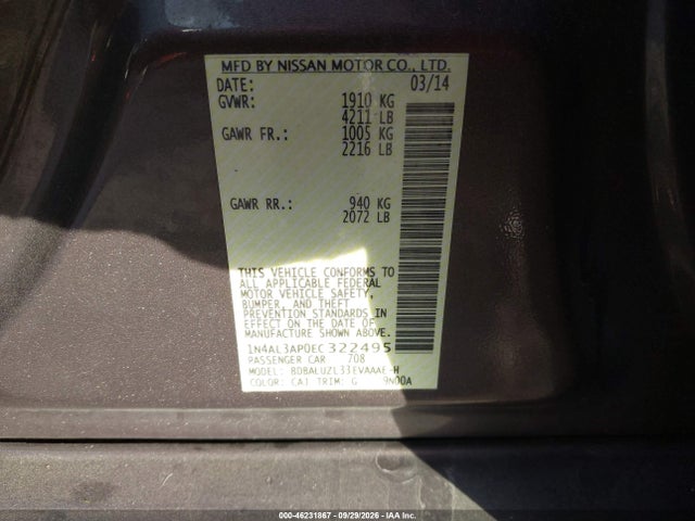 Продаж на аукціоні авто 2014 Nissan Altima 2.5 Sv, vin: 1N4AL3AP0EC322495, номер лоту: 46231867