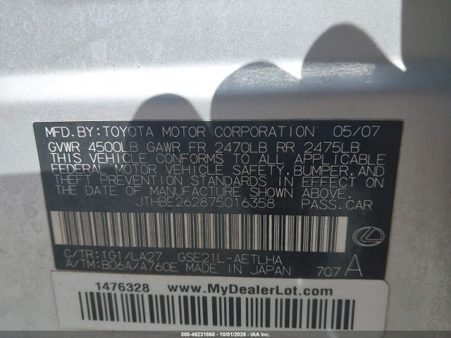 46231868 :رقم المزاد ، JTHBE262875016358 vin ، 2007 Lexus Is 350 مزاد بيع