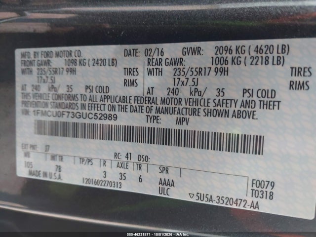 46231871 :رقم المزاد ، 1FMCU0F73GUC52989 vin ، 2016 Ford Escape S مزاد بيع