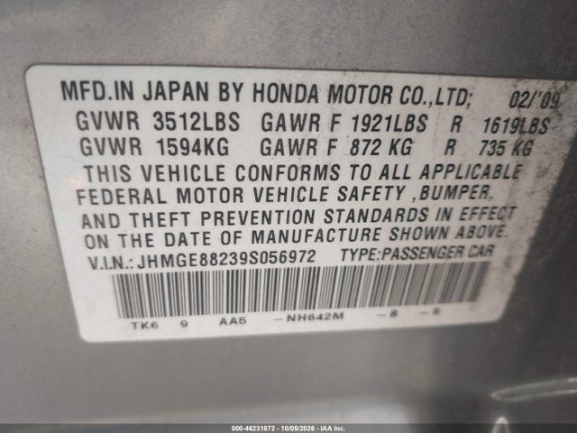 Продажа на аукционе авто 2009 Honda Fit, vin: JHMGE88239S056972, номер лота: 46231872