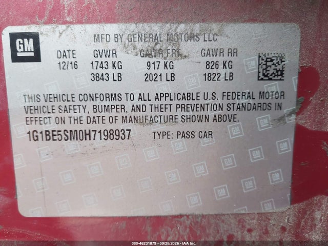 2017 Chevrolet Cruze Lt Auto მანქანა იყიდება აუქციონზე, vin: 1G1BE5SM0H7198937, აუქციონის ნომერი: 46231879