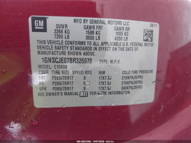 2011 Chevrolet Suburban 1500 Lt1 მანქანა იყიდება აუქციონზე, vin: 1GNSCJE07BR326978, აუქციონის ნომერი: 46231962