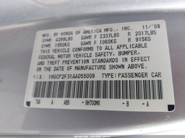 Aukcja sprzedaży 2010 Honda Accord 2.4 Lx, vin: 1HGCP2F31AA055009, numer aukcji: 46231965