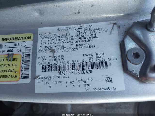 46231967 :رقم المزاد ، 3FA6P0G72GR337620 vin ، 2016 Ford Fusion S مزاد بيع