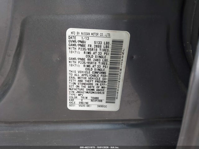 46231970 :رقم المزاد ، JN8AZ1MU5DW209626 vin ، 2013 Nissan Murano Sl مزاد بيع