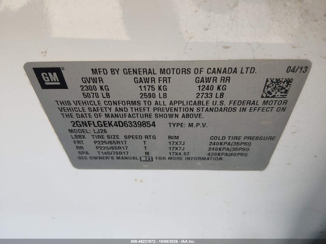 Продаж на аукціоні авто 2013 Chevrolet Equinox Ltz, vin: 2GNFLGEK4D6339854, номер лоту: 46231972