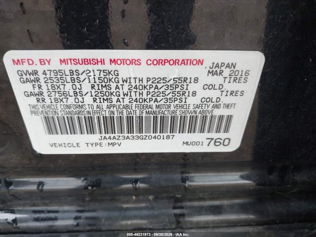 Aukcja sprzedaży 2016 Mitsubishi Outlander Es, vin: JA4AZ3A33GZ040187, numer aukcji: 46231973