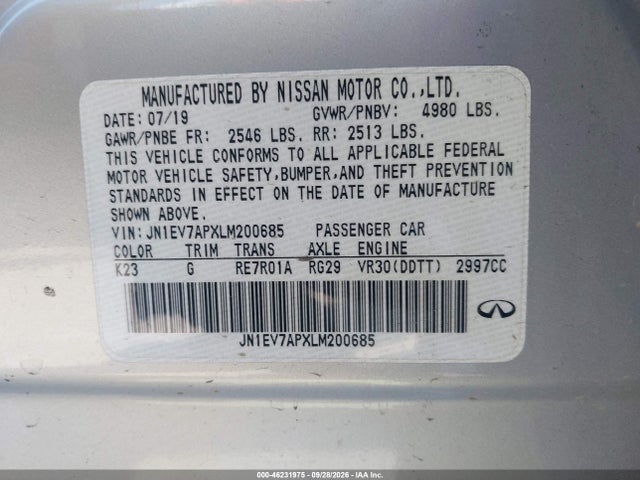 46231975 :رقم المزاد ، JN1EV7APXLM200685 vin ، 2020 Infiniti Q50 Pure مزاد بيع