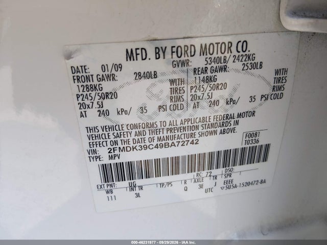 Aukcja sprzedaży 2009 Ford Edge Limited, vin: 2FMDK39C49BA72742, numer aukcji: 46231977