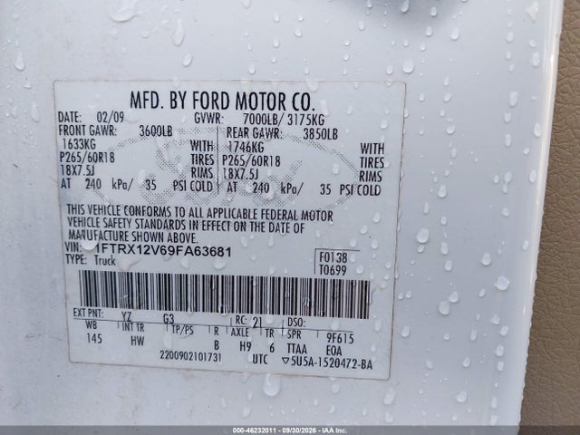 2009 Ford F-150 Lariat მანქანა იყიდება აუქციონზე, vin: 1FTRX12V69FA63681, აუქციონის ნომერი: 46232011