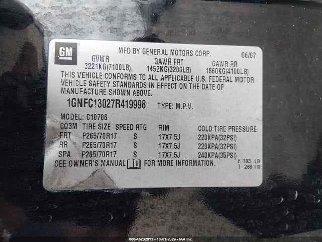 2007 Chevrolet Tahoe Ls მანქანა იყიდება აუქციონზე, vin: 1GNFC13027R419998, აუქციონის ნომერი: 46232013