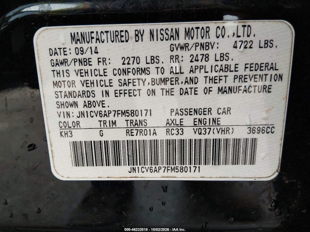 46232018 :رقم المزاد ، JN1CV6AP7FM580171 vin ، 2015 Infiniti Q40 مزاد بيع