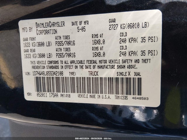 Продажа на аукционе авто 2005 Dodge Dakota Slt, vin: 1D7HW48J85S342108, номер лота: 46232024