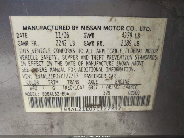 Aukcja sprzedaży 2007 Nissan Altima 2.5 S, vin: 1N4AL21E07C127217, numer aukcji: 46232031