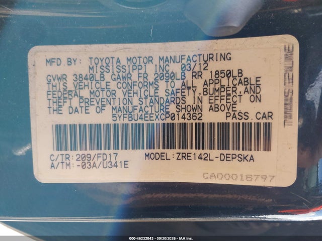 Aukcja sprzedaży 2012 Toyota Corolla S, vin: 5YFBU4EEXCP014362, numer aukcji: 46232043