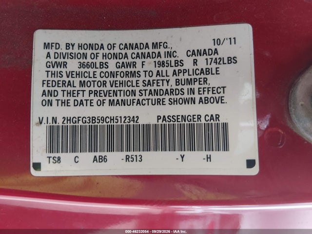 Продажа на аукционе авто 2012 Honda Civic Lx, vin: 2HGFG3B59CH512342, номер лота: 46232054