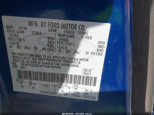 46232059 :رقم المزاد ، 1FMYU02Z87KB19105 vin ، 2007 Ford Escape Xls/xls Manual مزاد بيع
