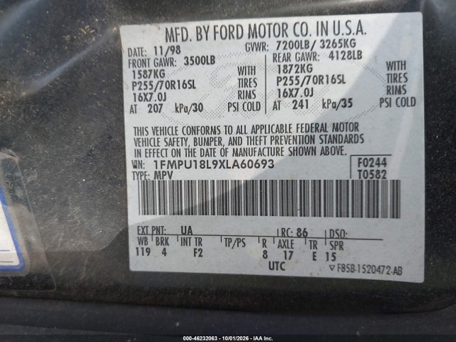 1999 Ford Expedition Eddie Bauer/xlt მანქანა იყიდება აუქციონზე, vin: 1FMPU18L9XLA60693, აუქციონის ნომერი: 46232063
