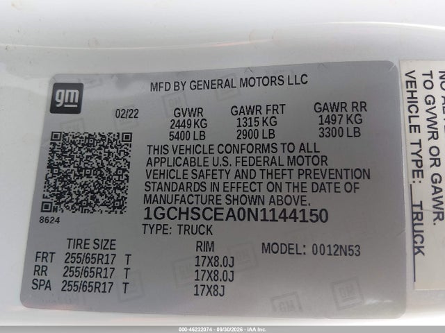 Продажа на аукционе авто 2022 Chevrolet Colorado 2wd  Long Box Lt, vin: 1GCHSCEA0N1144150, номер лота: 46232074