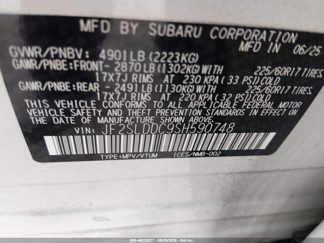 46232077 :رقم المزاد ، JF2SLDDC9SH590748 vin ، 2025 Subaru Forester Premium مزاد بيع
