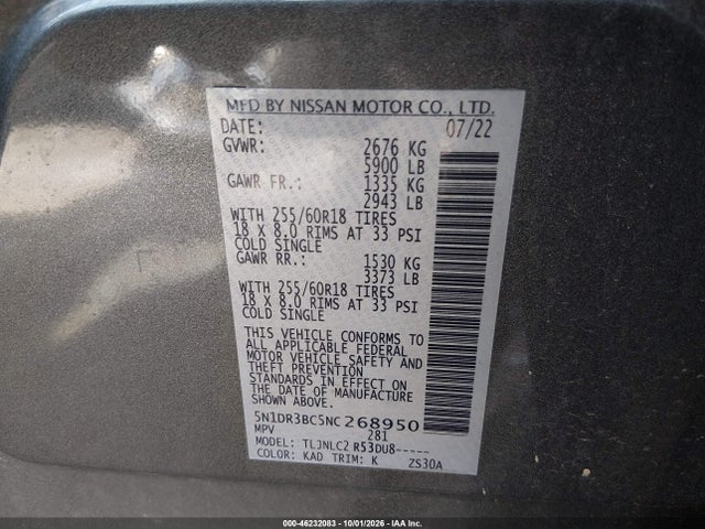 46232083 :رقم المزاد ، 5N1DR3BC5NC268950 vin ، 2022 Nissan Pathfinder Sv 4wd مزاد بيع