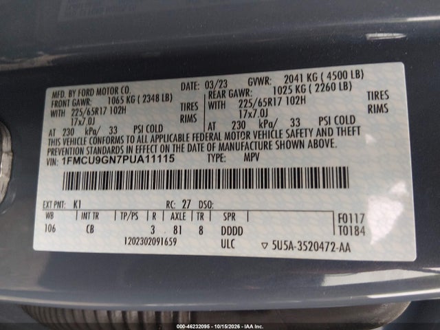 2023 Ford Escape Active მანქანა იყიდება აუქციონზე, vin: 1FMCU9GN7PUA11115, აუქციონის ნომერი: 46232095