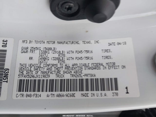 Продаж на аукціоні авто 2018 Toyota Tacoma Sr, vin: 5TFAX5GN6JX119839, номер лоту: 46232107