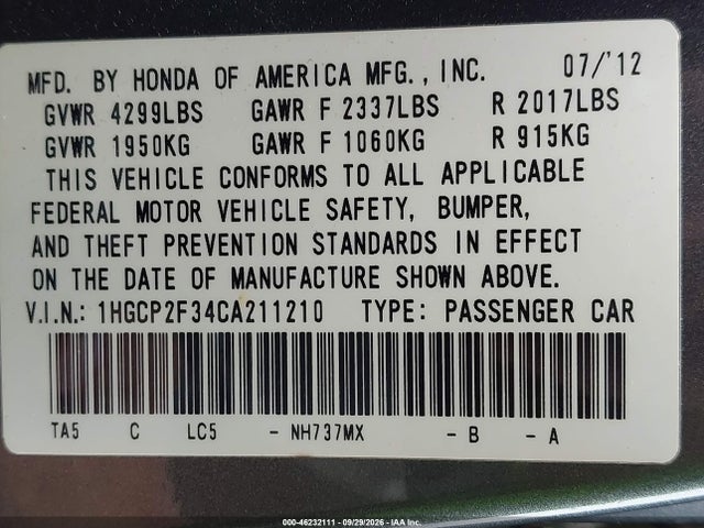 2012 Honda Accord 2.4 Lx მანქანა იყიდება აუქციონზე, vin: 1HGCP2F34CA211210, აუქციონის ნომერი: 46232111