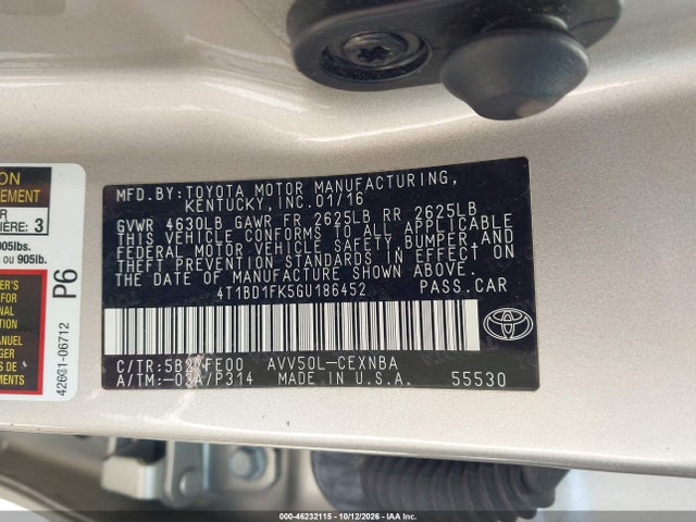 46232115 :رقم المزاد ، 4T1BD1FK5GU186452 vin ، 2016 Toyota Camry Hybrid Le مزاد بيع