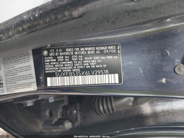 2006 Bmw X5 4.4i მანქანა იყიდება აუქციონზე, vin: 5UXFB535X6LV29518, აუქციონის ნომერი: 46232124
