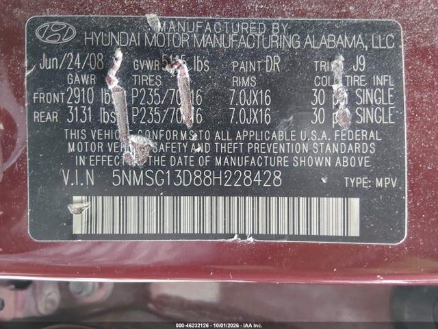 Продаж на аукціоні авто 2008 Hyundai Santa Fe Gls, vin: 5NMSG13D88H228428, номер лоту: 46232126
