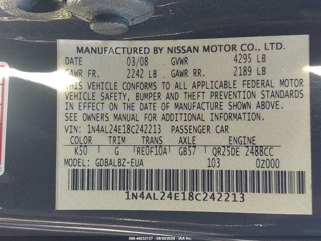 Aukcja sprzedaży 2008 Nissan Altima 2.5 S, vin: 1N4AL24E18C242213, numer aukcji: 46232127