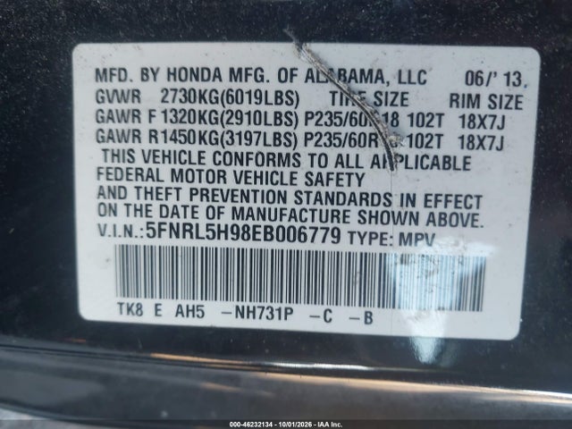 Продажа на аукционе авто 2014 Honda Odyssey Touring/touring Elite, vin: 5FNRL5H98EB006779, номер лота: 46232134