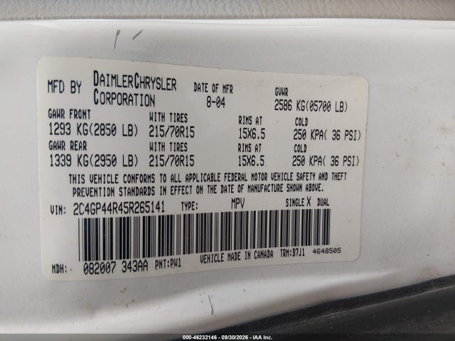 Aukcja sprzedaży 2005 Chrysler Town & Country Lx, vin: 2C4GP44R45R265141, numer aukcji: 46232146
